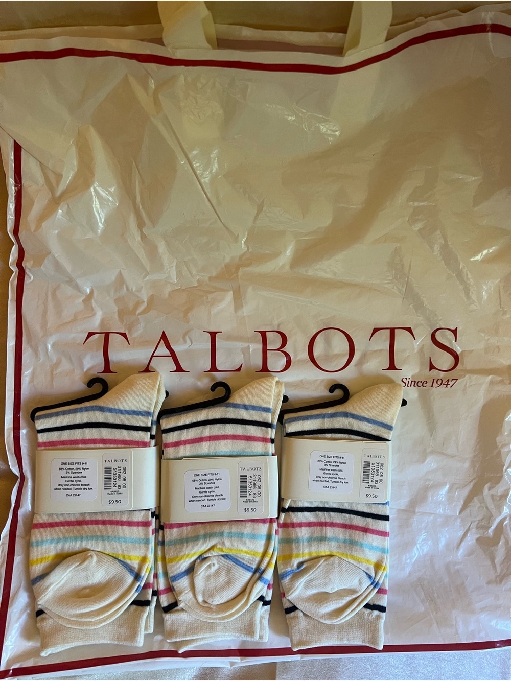 Talbots Trouser Socks, Off-White with Multicolored Stripes, 2018 NWT, 3 pairs!!!